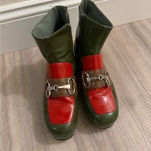 Jeffrey Campbell Green Patent Leather Boots with Red Accent and Horsebit Detail
